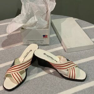Women's White Sandals with Red Stripes. Cinderella shoe